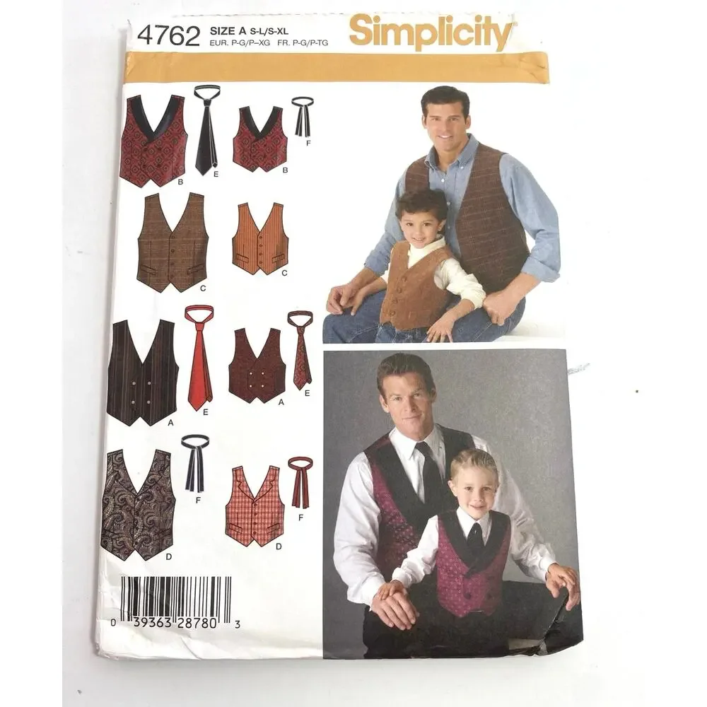 Simplicity 4762 Father/Son Vest Tie Boy S-L Men Sm-XL Sewing Pattern Uncut FF